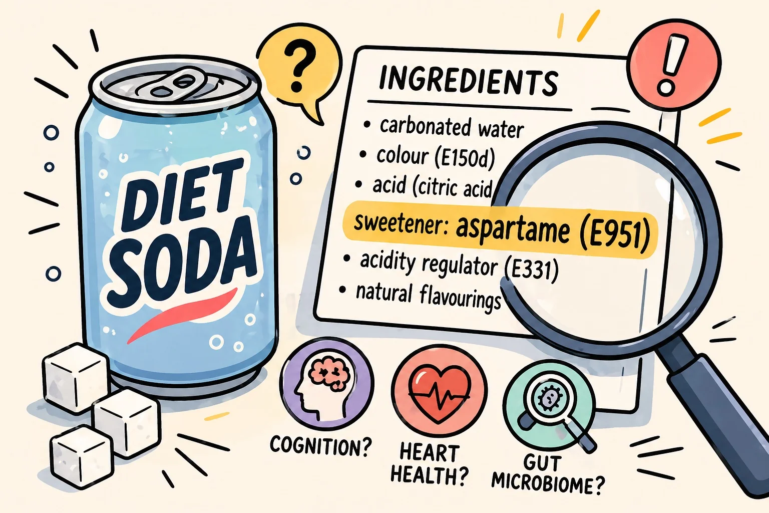 Canettes et bouteilles de boissons gazeuses light disposées sur un plan de travail, illustrant les produits édulcorés à l'aspartame étudiés dans les recherches de 2025—2026