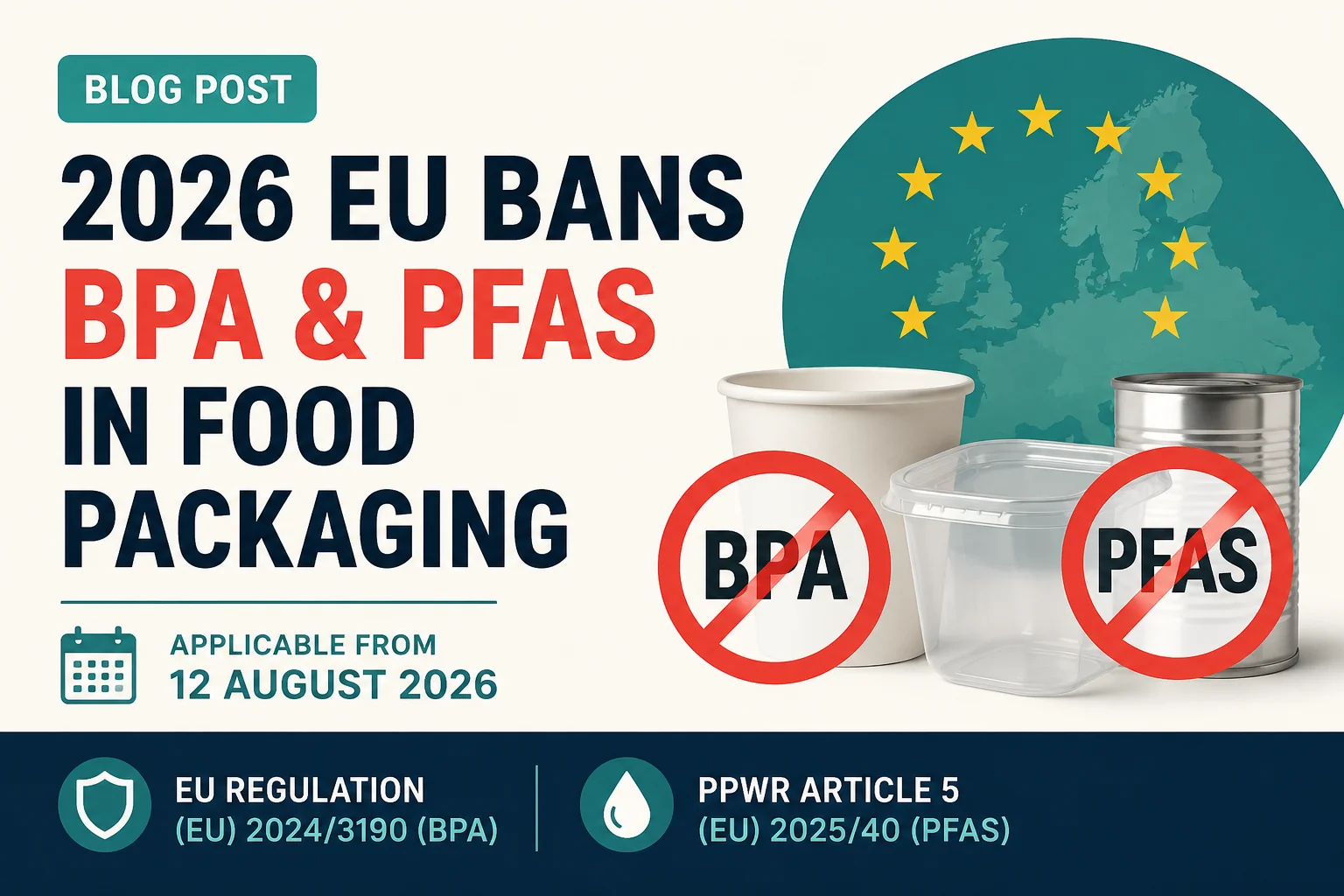 Boîtes de conserve et emballages de fast-food anti-graisse sur un fond neutre, représentant les matériaux en contact alimentaire contenant du BPA et des PFAS interdits dans l'UE en 2026