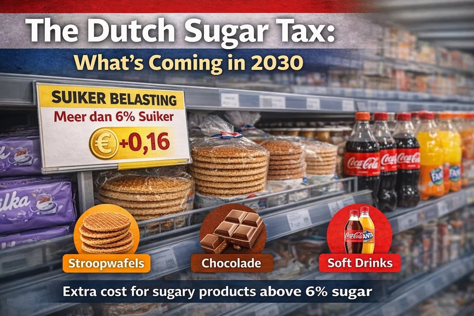 Vue en plongée d'aliments transformés néerlandais riches en sucre — biscuits, confiseries et sodas — illustrant les produits concernés par la taxe sur le sucre des Pays-Bas qui entrera en vigueur en 2030