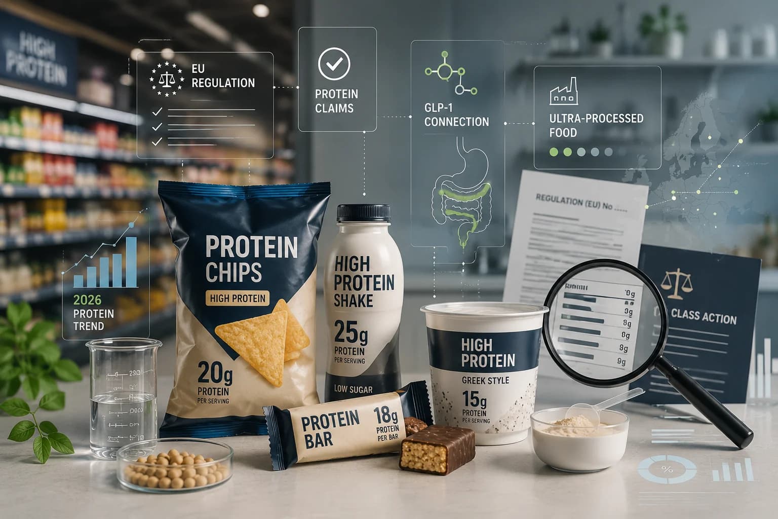Un assortiment de produits riches en protéines — barres, chips, boissons et céréales — illustrant la saturation des produits étiquetés 'high protein' dans les rayons des supermarchés en 2026
