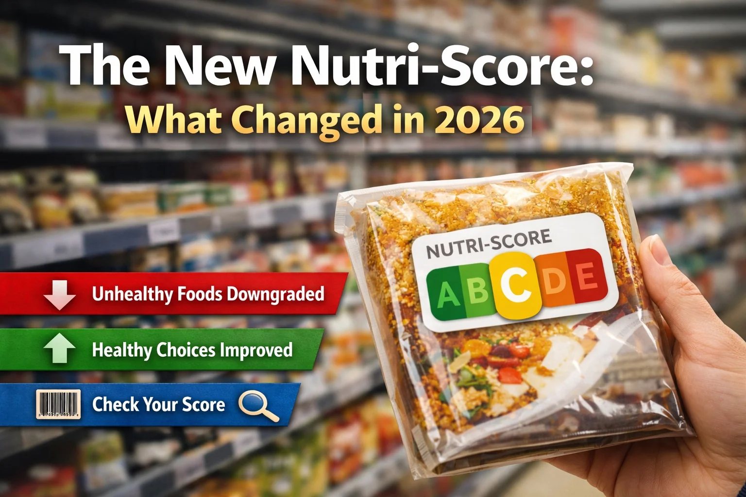 Produits emballés affichant le label Nutri-Score à code couleur de A à E, illustrant l'algorithme actualisé de 2026 et la nouvelle notation des produits du quotidien