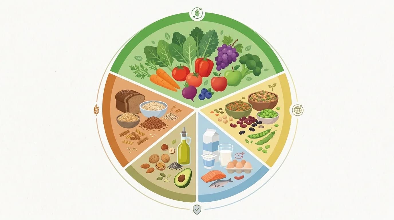 Une composition d'aliments mis en avant dans la version 2026 du Schijf van Vijf néerlandais — légumineuses, céréales complètes, légumes et produits laitiers — illustrant les recommandations alimentaires révisées du Voedingscentrum