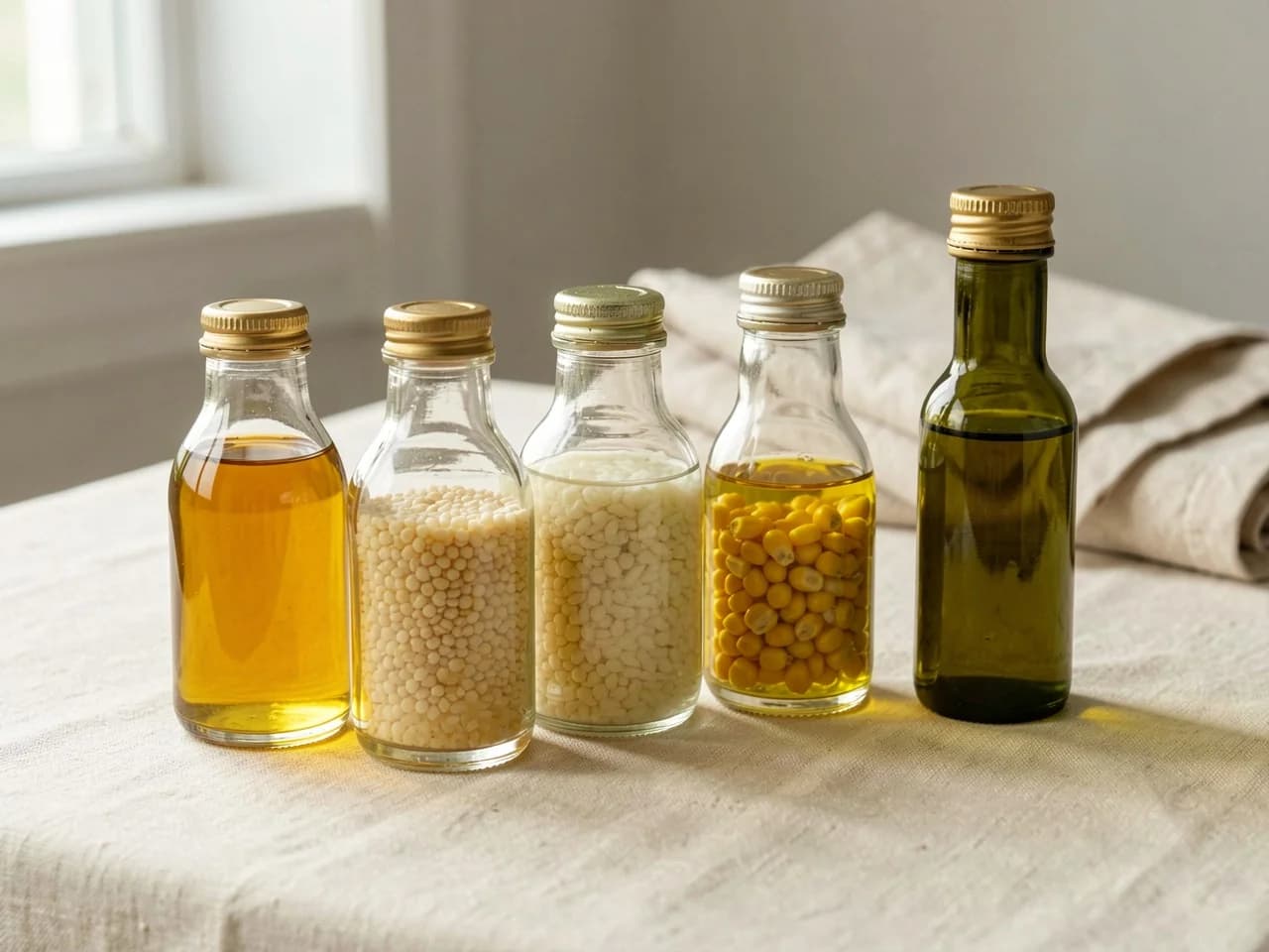Bouteilles d'huiles de graines courantes — tournesol, colza et canola — disposées sur une surface en bois, illustrant les huiles de cuisson au centre du débat sur la recherche en inflammation 2025—2026