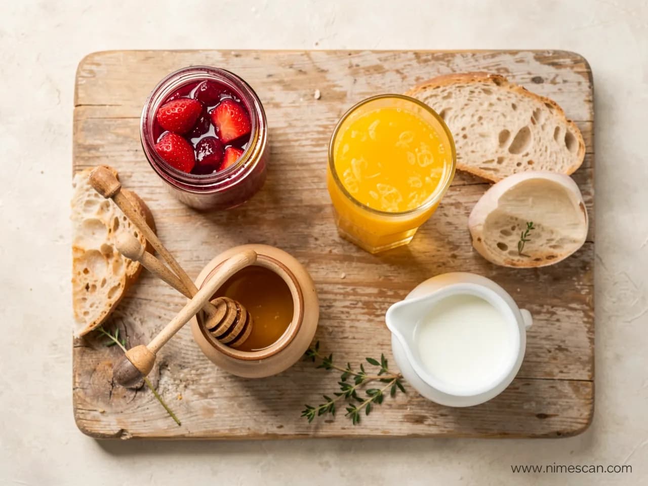 Une vue en plongée d'un petit-déjeuner européen continental sur une planche en bois — un pot de confiture aux fruits visibles, une cuillère à miel, un verre de jus d'orange et un petit pot de lait — illustrant les quatre catégories de produits régies par la Directive UE sur le petit-déjeuner 2024/1438 en vigueur le 14 juin 2026