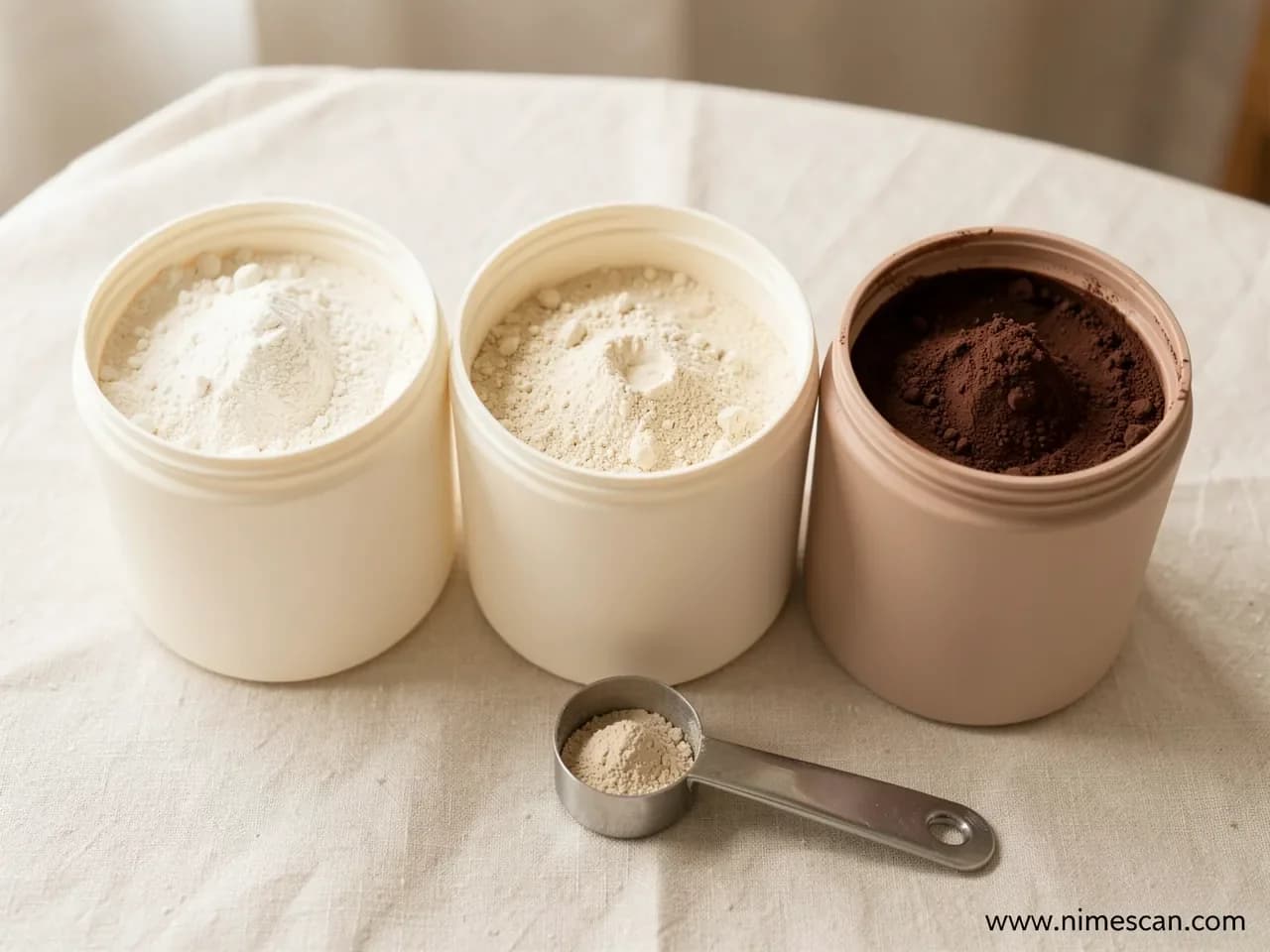 Une rangée de trois bidons de poudre de protéines ouverts sur une surface en lin crème — un whey, un végétal, un chocolat — avec une cuillère-doseuse devant, illustrant les schémas de contamination documentés dans les tests Clean Label Project de 2026