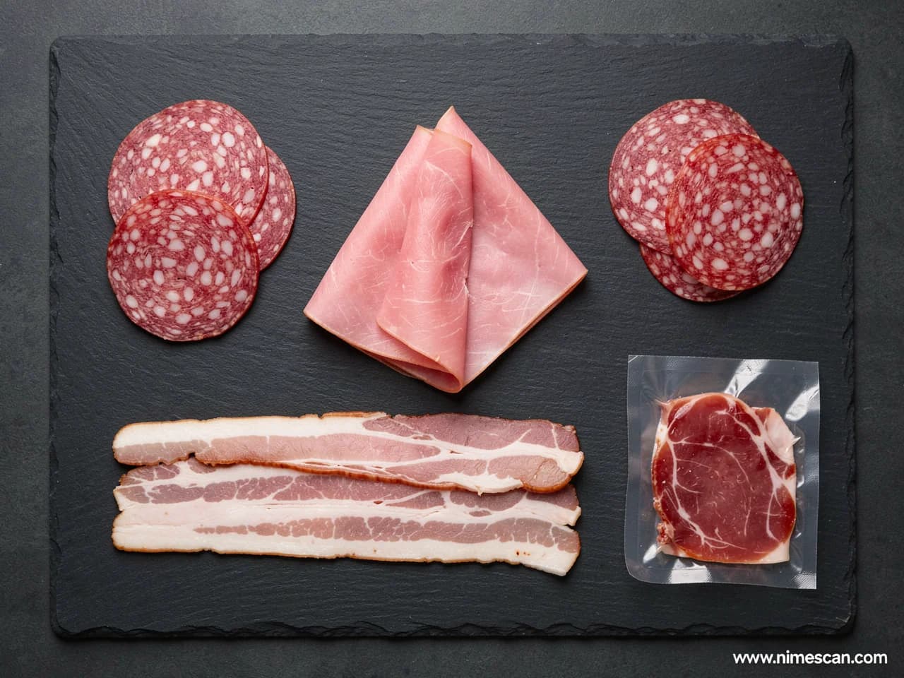 Un flat lay éditorial en vue de dessus de produits carnés salaisons et transformés courants — tranches de bacon, salami, jambon de style charcuterie et tranches de viande cuite salaisonnée — disposés sur un plateau d'ardoise mat, illustrant les catégories affectées par le règlement (UE) 2023/2108 qui a réduit les niveaux de nitrites autorisés à partir d'octobre 2025