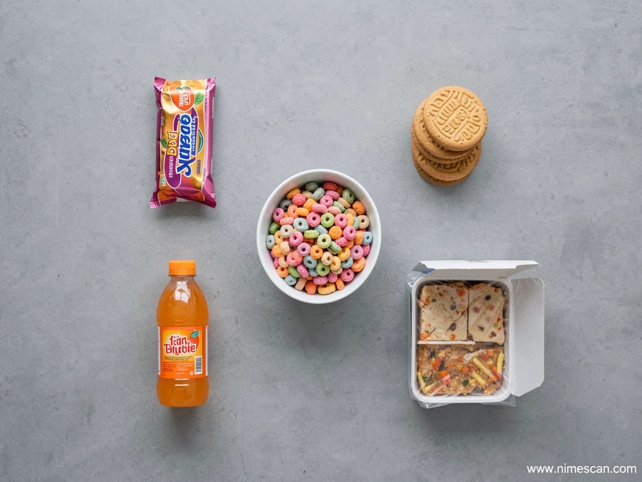 Un flat lay éditorial en vue de dessus avec des produits ultra-transformés courants — un bol de céréales sucrées, une barre snack emballée, des biscuits, une bouteille de soda et une boîte de plat cuisiné — disposés sur une surface neutre, illustrant les catégories au cœur du rapport du European Heart Journal de mai 2026 sur les aliments ultra-transformés
